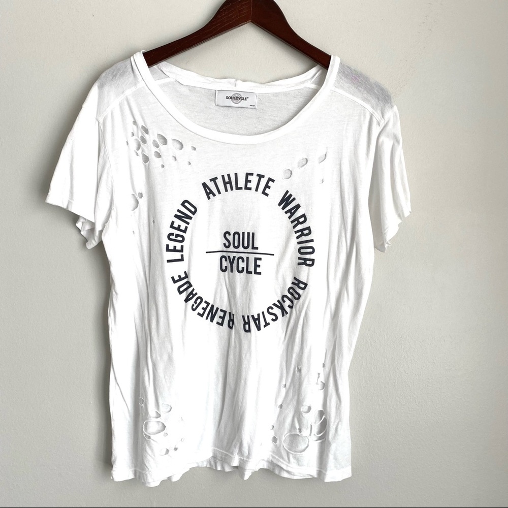 SOULCYCLE Womens Small White Distressed Short Sleeve Soul Cycle TShirt Q12